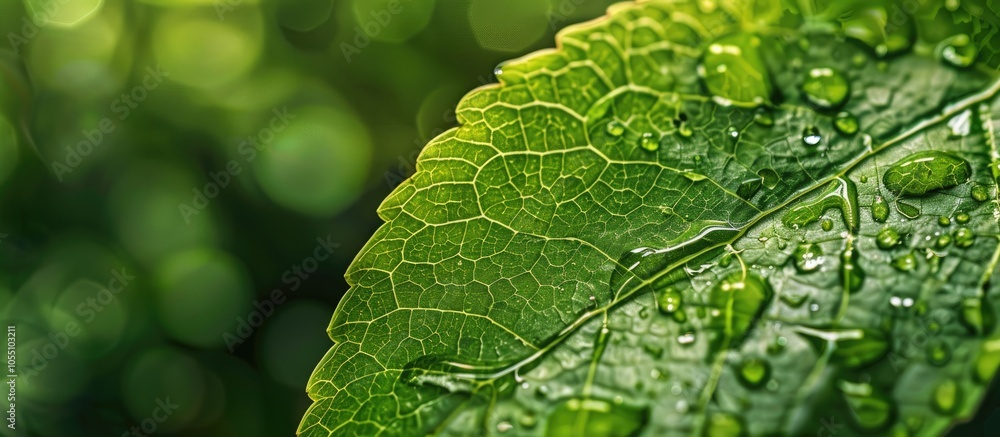 Poster a macro shot of a green leaf with water droplets illustrating an environmental theme ideal for use a