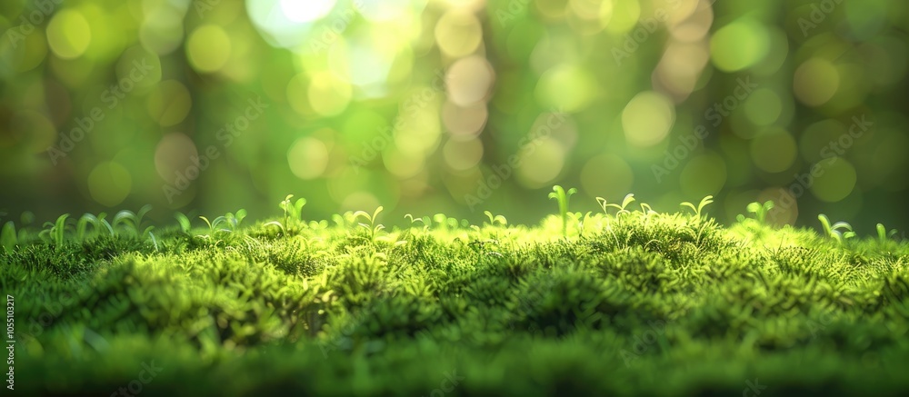 Poster close up view of blurred green moss background with copy space image