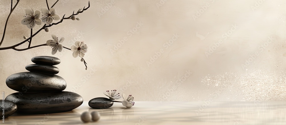 Poster front view of a serene nature setting featuring dark stones a hazy flower branch and a beige backdro