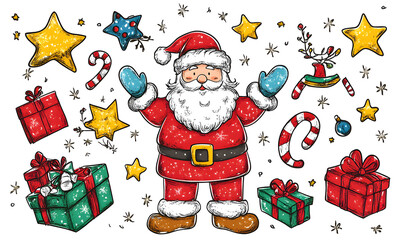 Joyful Christmas and New Year Collection: Santa, Festive Animals, Whimsical Decorations, Cozy Holiday Scenes, and Playful Winter Elements on White Background