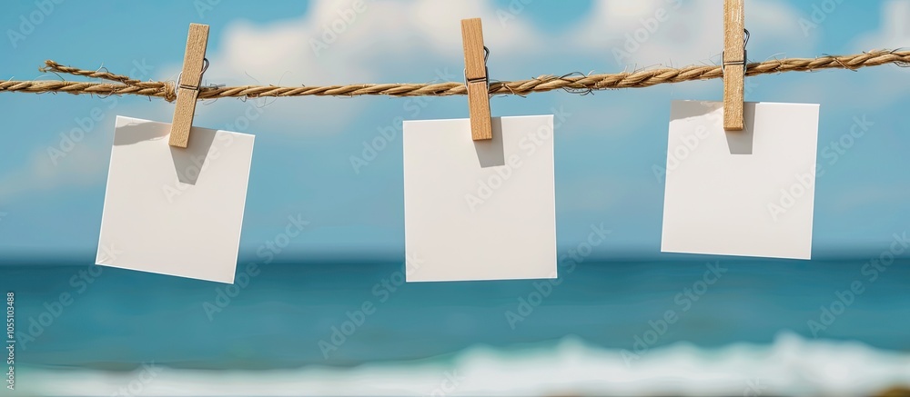 Poster wooden clothespins on a string showcasing white blank cards for text against a beach background idea