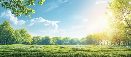 Scenic spring view with a lush green landscape under a sunny blue sky perfect as a copy space image