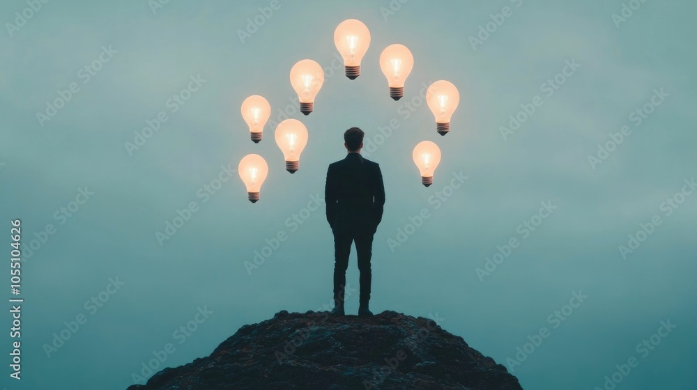Poster silhouetted figure standing at the edge of a cliff surrounded by a cluster of floating light bulbs t