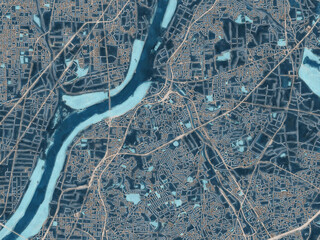 Painterly Style City Map of Hirakata, Japan in a Blue Color Scheme.