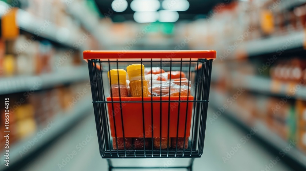 Poster shopping cart filled with various products and items on the shelves of an online retail store ready 