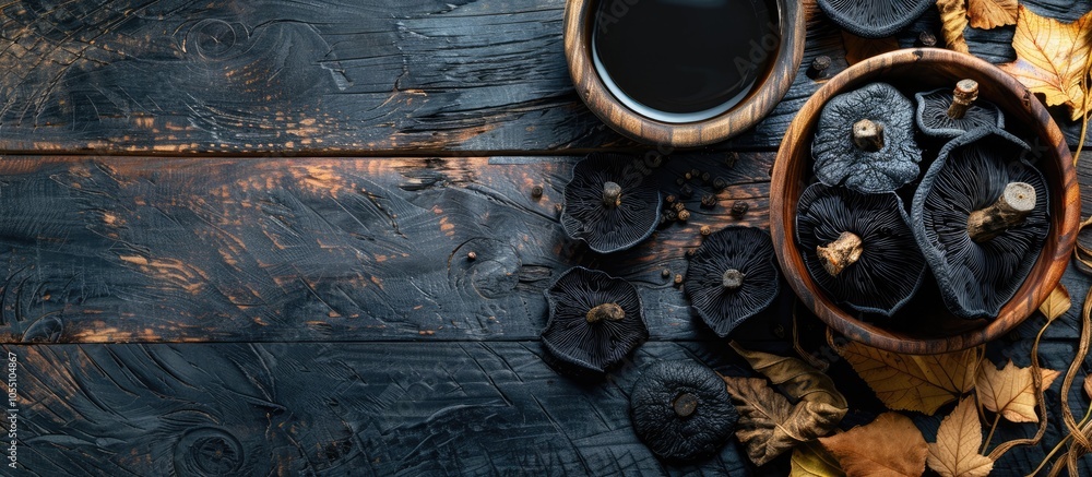 Poster on a rustic table there is a dried black fungus mushroom meal as a snack with a top view emphasizing