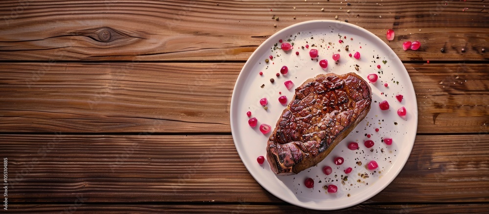 Poster new york steak on a plate with pink pepper displayed on a wooden background with a top view perspect