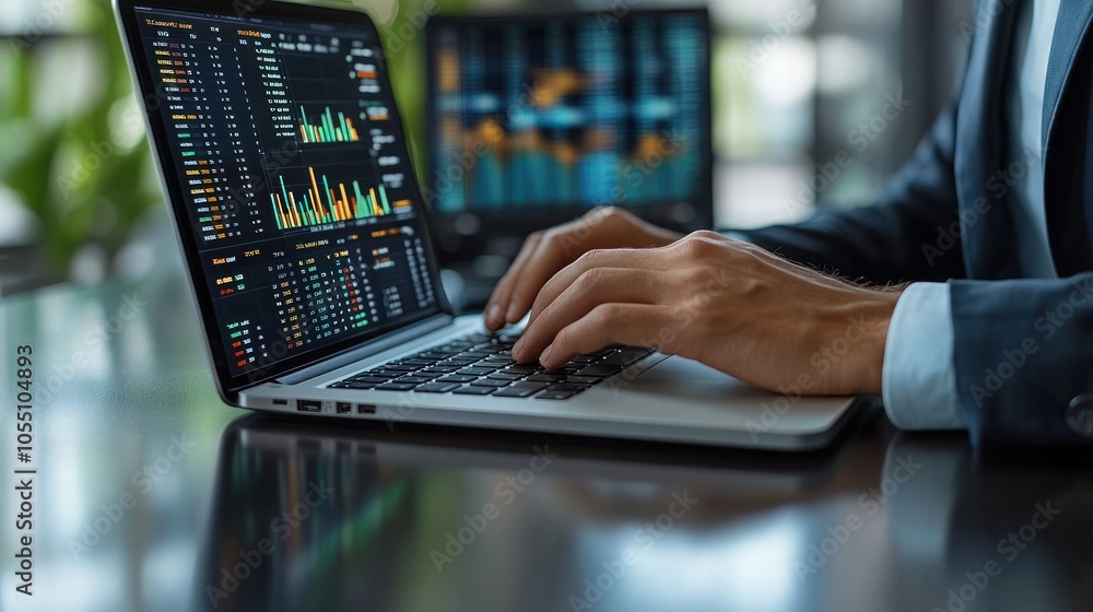 Poster a person typing on a laptop displaying financial data and charts.