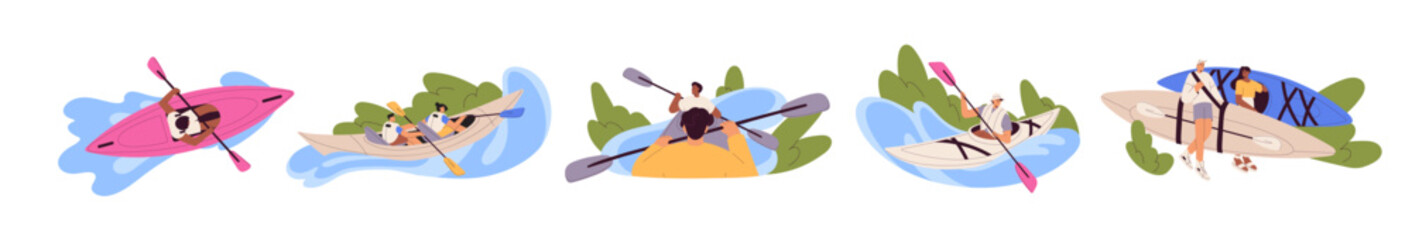 Kayaking set. Men, women rafting on river alone or together with friends on boat. Characters with paddle rowing on canoe. People do extreme water sport. Flat isolated vector illustrations on white