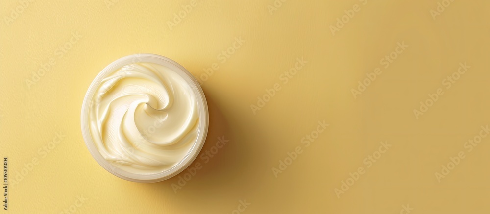 Poster top view of face cream on a light yellow background providing a copy space image