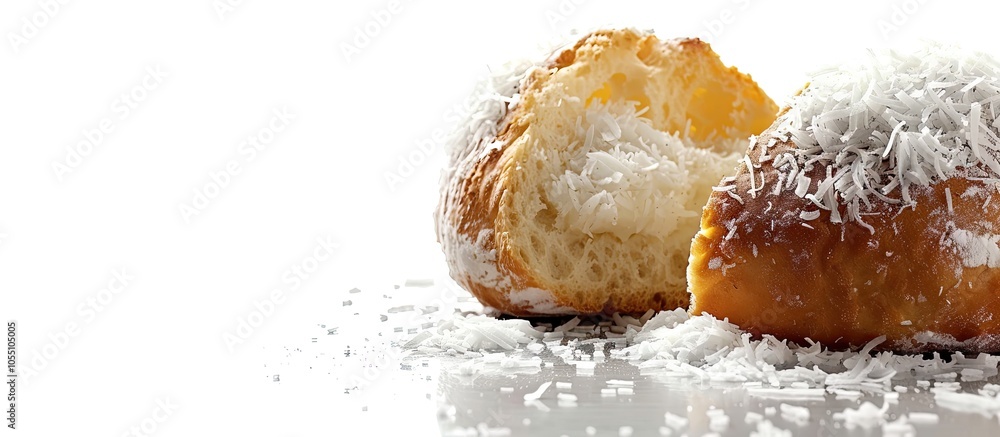 Poster close up of bread with grated coconut and coconut jam filling on a white background with copy space 