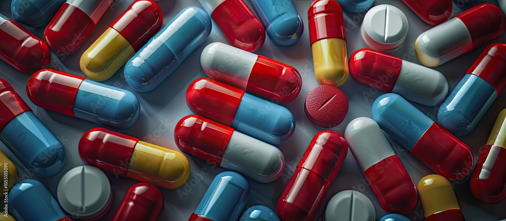 Poster close up view of numerous antibiotic pills on a grey backdrop with copy space image for text in a me
