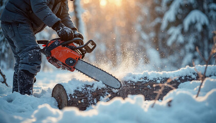 A person uses a chainsaw to cut a snow-covered log in a serene winter setting, showcasing focus and technology.

