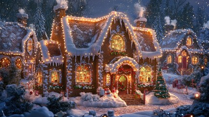 Fototapeta premium Bright Gingerbread House Surrounded by Twinkling Lights