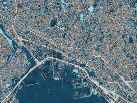 Painterly Style City Map of Honcho, Japan in a Blue Color Scheme.