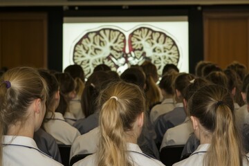 Obraz premium Students watching a brain anatomy presentation in a classroom