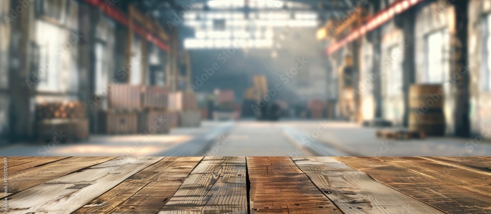 Poster an empty wooden table with a blurred warehouse or factory backdrop provides ample copy space for dis