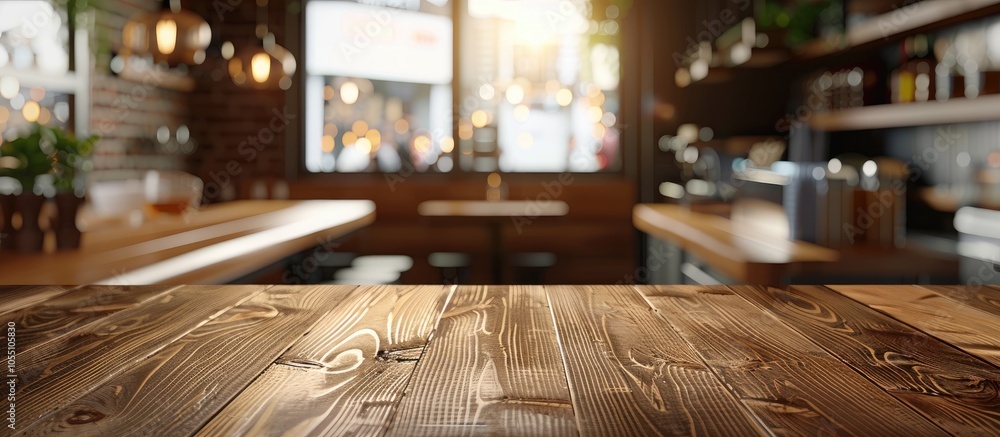Poster wooden table with blurred background an empty counter and shelf surface creating a copy space image 
