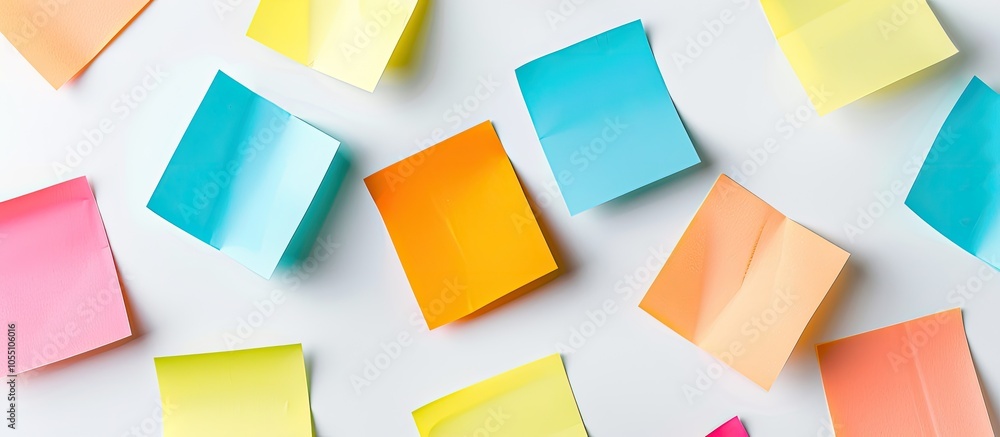Poster colorful sticky notes placed on a white background from a top view suitable as a school or office wa