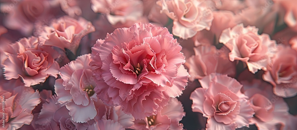 Aufkleber garden setting with a pink carnation surrounded by pink carnations creating a copy space image