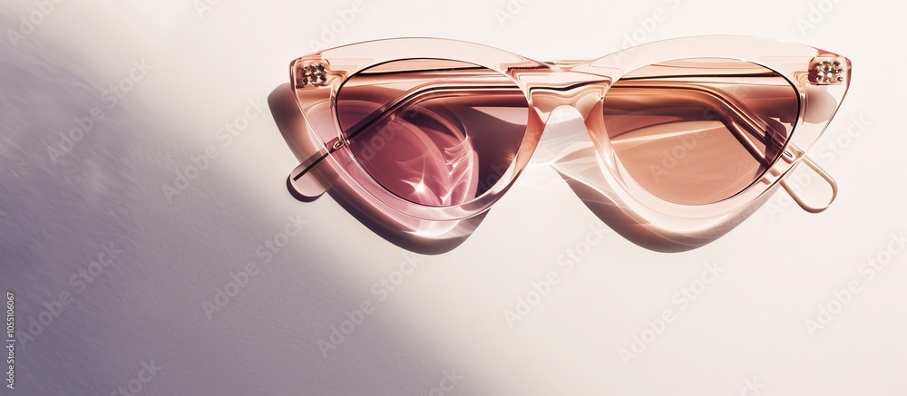 Poster a chic pair of sunglasses set against a white backdrop featuring a clear pink frame and brown lenses