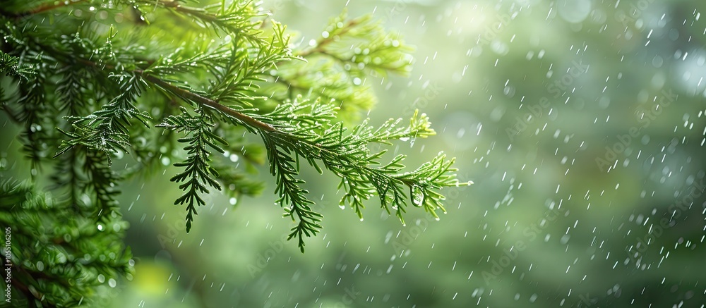 Poster high quality photo of a rain drenched evergreen cypress branch against the sky with blurred backgrou