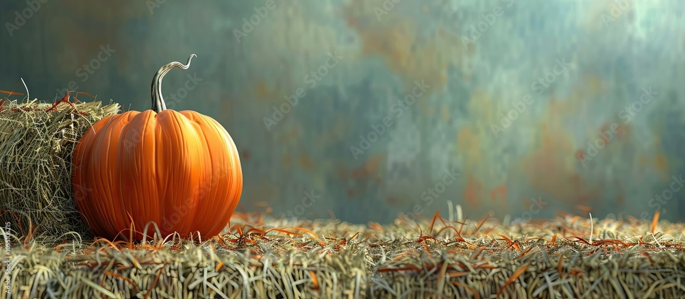 Poster pumpkin on hay bale ideal for thanksgiving with room for text in the image. copy space image. place 