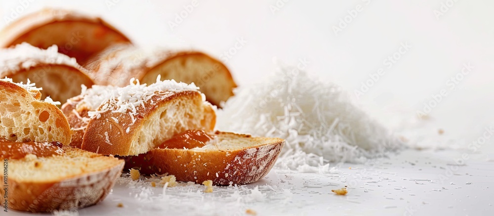 Poster close up of bread with grated coconut and coconut jam filling on a white background with copy space 