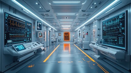 Futuristic medical facility with advanced monitoring systems.