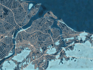 Painterly Style City Map of Ise, Japan in a Blue Color Scheme.