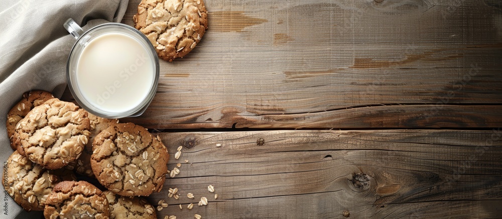 Aufkleber wooden table displaying oatmeal cookies a glass of milk viewed from above with ample copy space for 