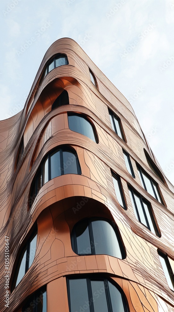 Poster A tall building with a curved design and a lot of windows