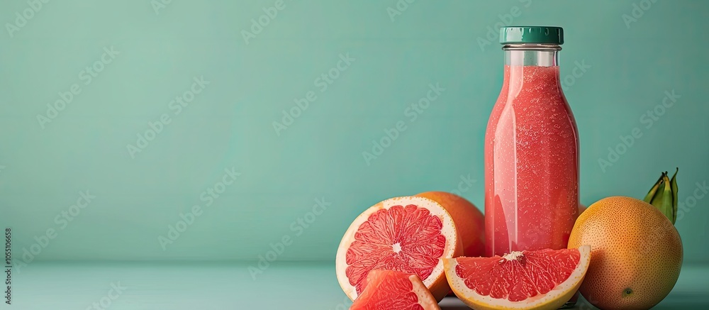 Poster glass bottle with grapefruit smoothie and a pyramid of grapefruit on green backdrop with copy space 