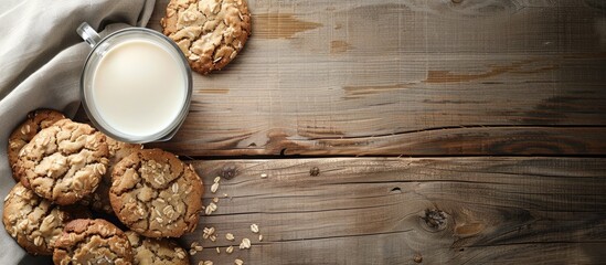 Obraz premium Wooden table displaying oatmeal cookies a glass of milk viewed from above with ample copy space for text or images