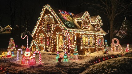 Fototapeta premium Playful Gingerbread House with Colorful Holiday Lights