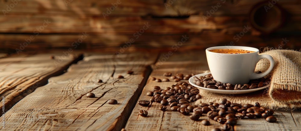 Aufkleber this image showcases a creamy espresso coffee cup along with a spread of coffee beans set on a rusti