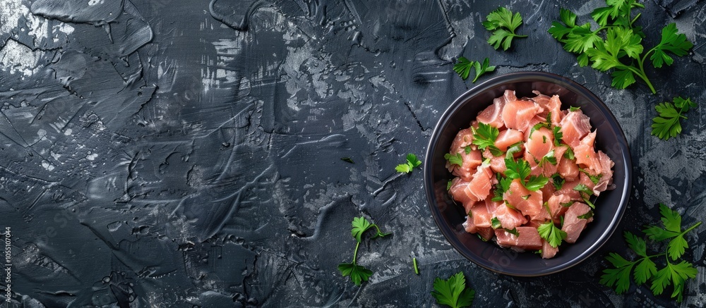 Poster top down view of canned tuna garnished with fresh herbs on a dark backdrop featuring a blank area fo