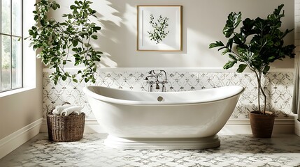 Fototapeta premium Elegant serenity a spa-like bathroom retreat with greenery and art