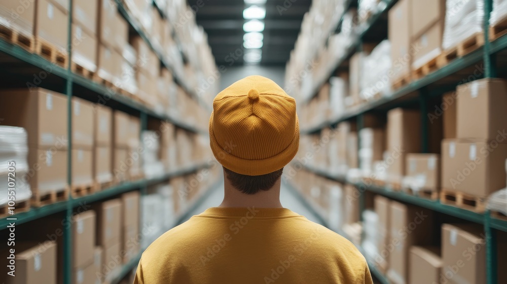 Poster warehouse employee carefully inspecting levels and inventory organization to maintain accurate onlin