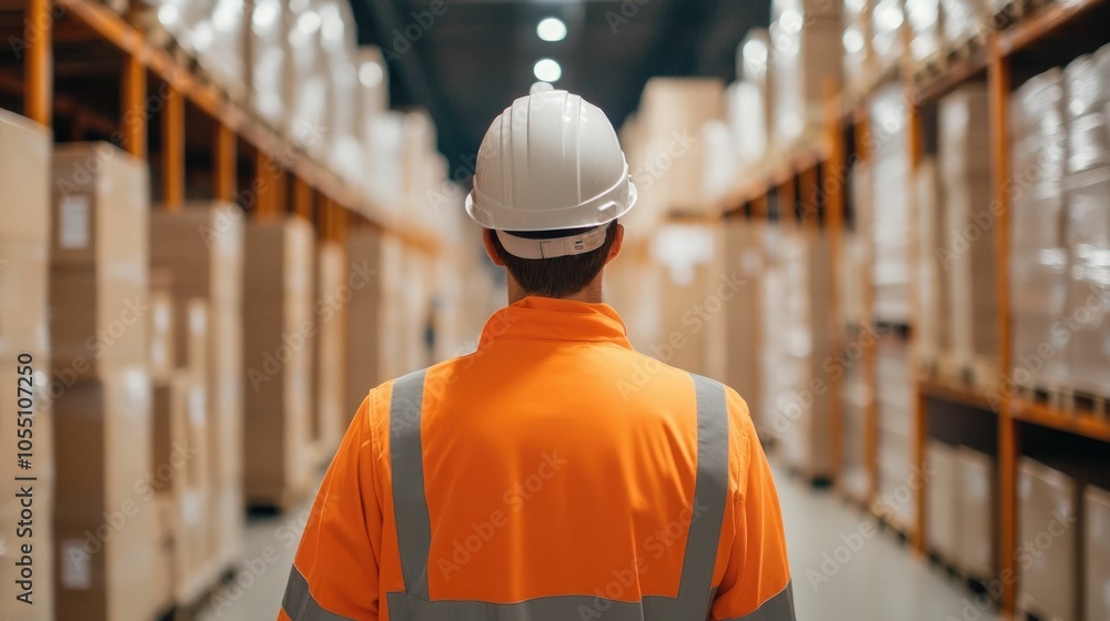 Poster warehouse employee in orange uniform and safety helmet inspecting and controlling levels on shelves 