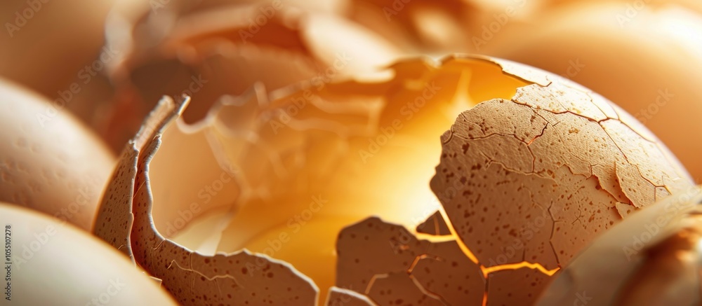 Poster cracked eggshell in a close up view with copy space image available