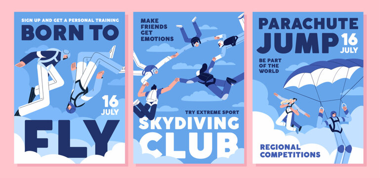 Set of event posters about parachuting flight. Advertising of skydiving club. People do extreme sports. Parachutists jumping, sky diving, flying in air, free falling. Flat vector illustrations