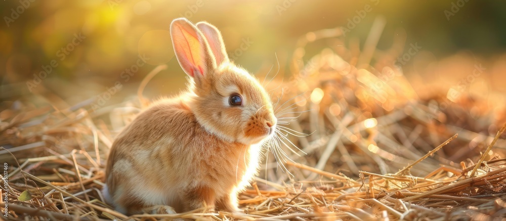 Poster easter pet rabbit with fluffy brown fur sits on natural setting under summer sunlight playful on dry