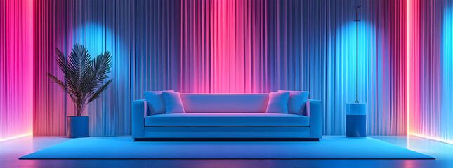 Blue sofa in a room with neon lights and a plant.
