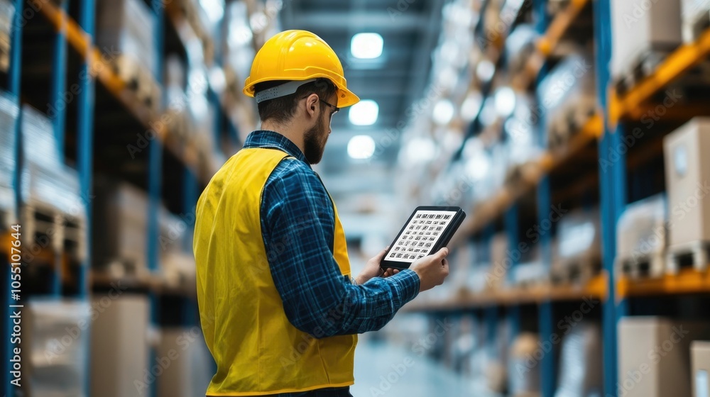 Poster warehouse worker scanning barcode to track inventory for ecommerce order fulfillment with blurred de