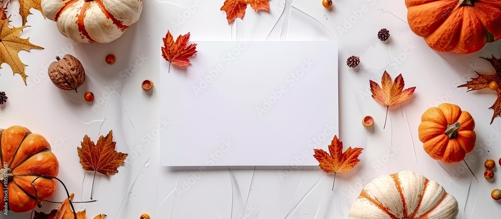 Poster stunning fall arrangement with a blank card in the backdrop of a white surface for copy space image