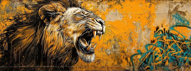 Custom blinds with artistic motives with your photo A roaring lion graffiti art on a weathered wall.