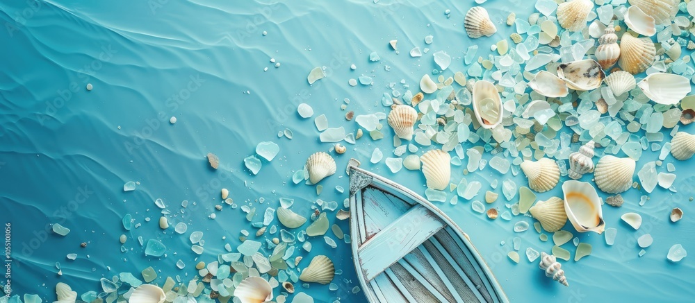 Poster a top down view showing a boat sea glass and shells against a blue backdrop with space for text or o