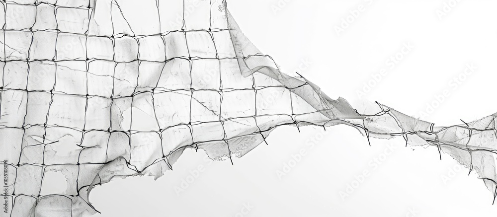 Poster closeup shot showing a torn window screen on a white background with copy space image available