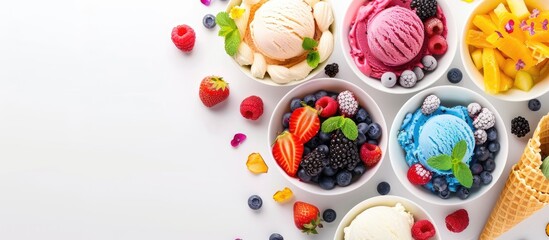 Colorful bowls of ice cream with waffle cones fresh berries and various flavors arranged on a white background with a top view copy space image